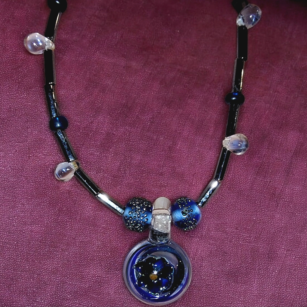 Hand Blown Art Glass Beads And Flower Pendant